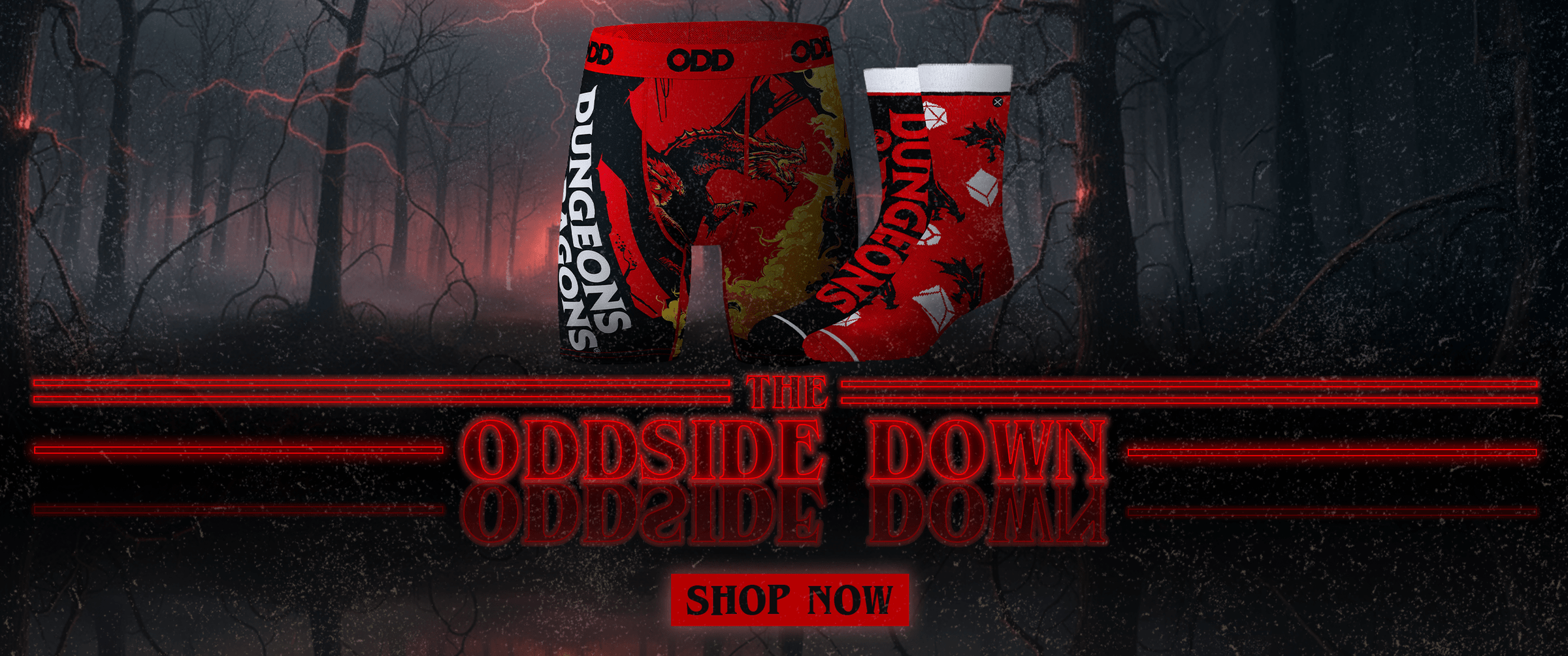 Two socks with floral patterns on a dark forest background, featuring 'The Oddside Down' brand.