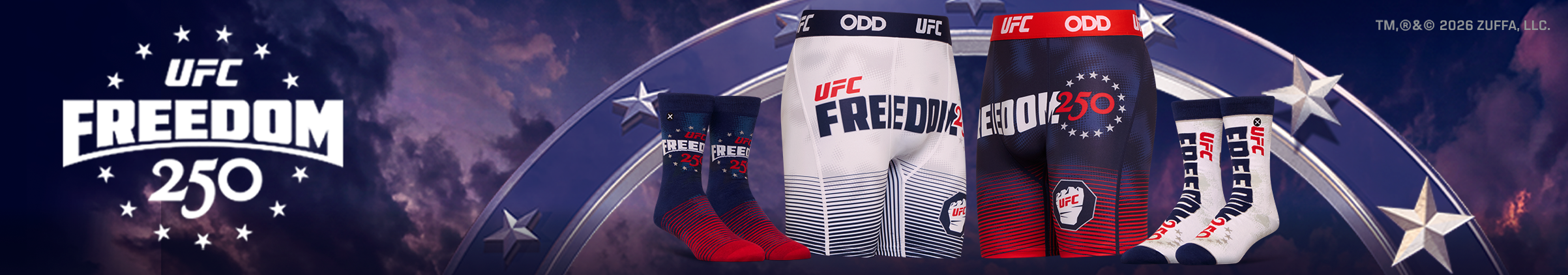 UFC Freedom 250 promotional banner with gloves and shorts on an American flag background