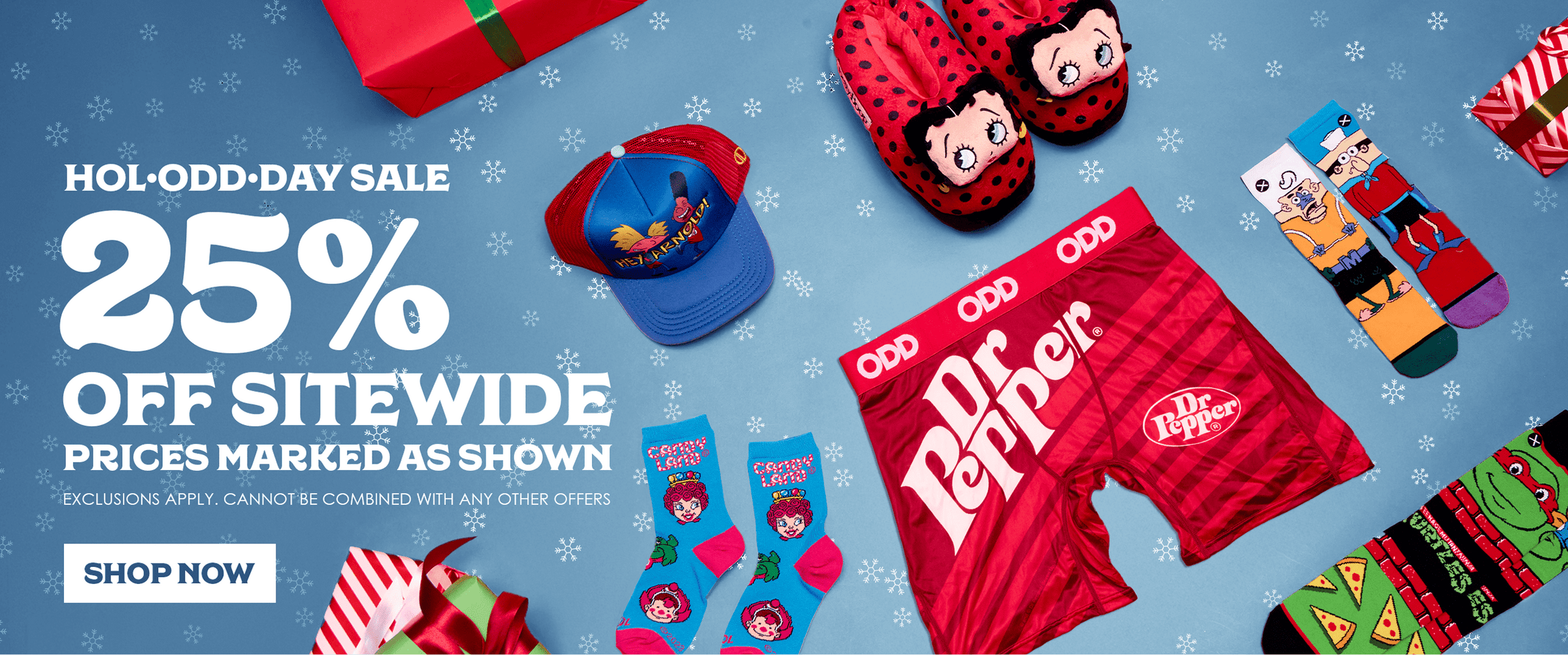 Dr Pepper holiday-themed merchandise with promotional text on a blue background