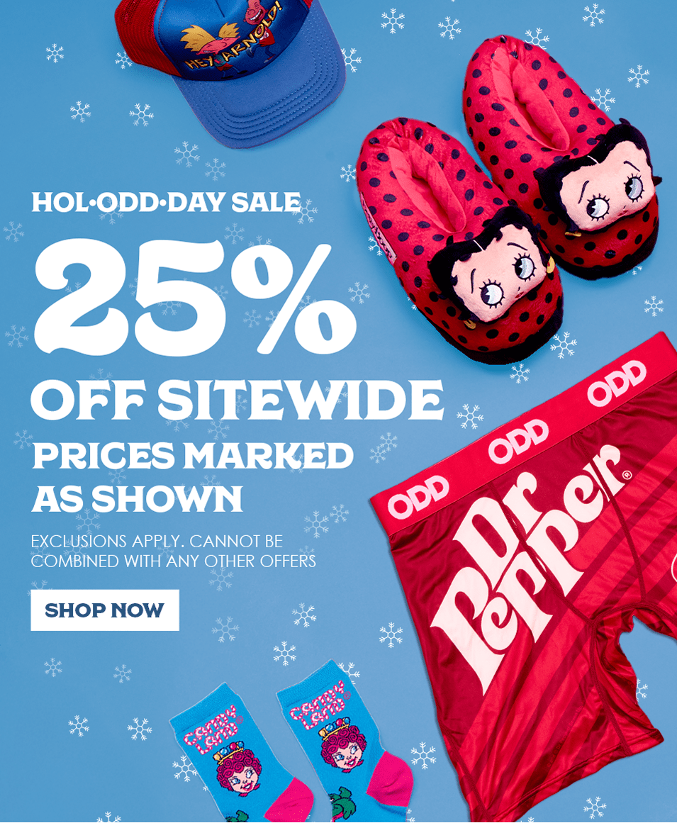 Promotional advertisement for a sale with slippers, socks, and a hat on a blue background.