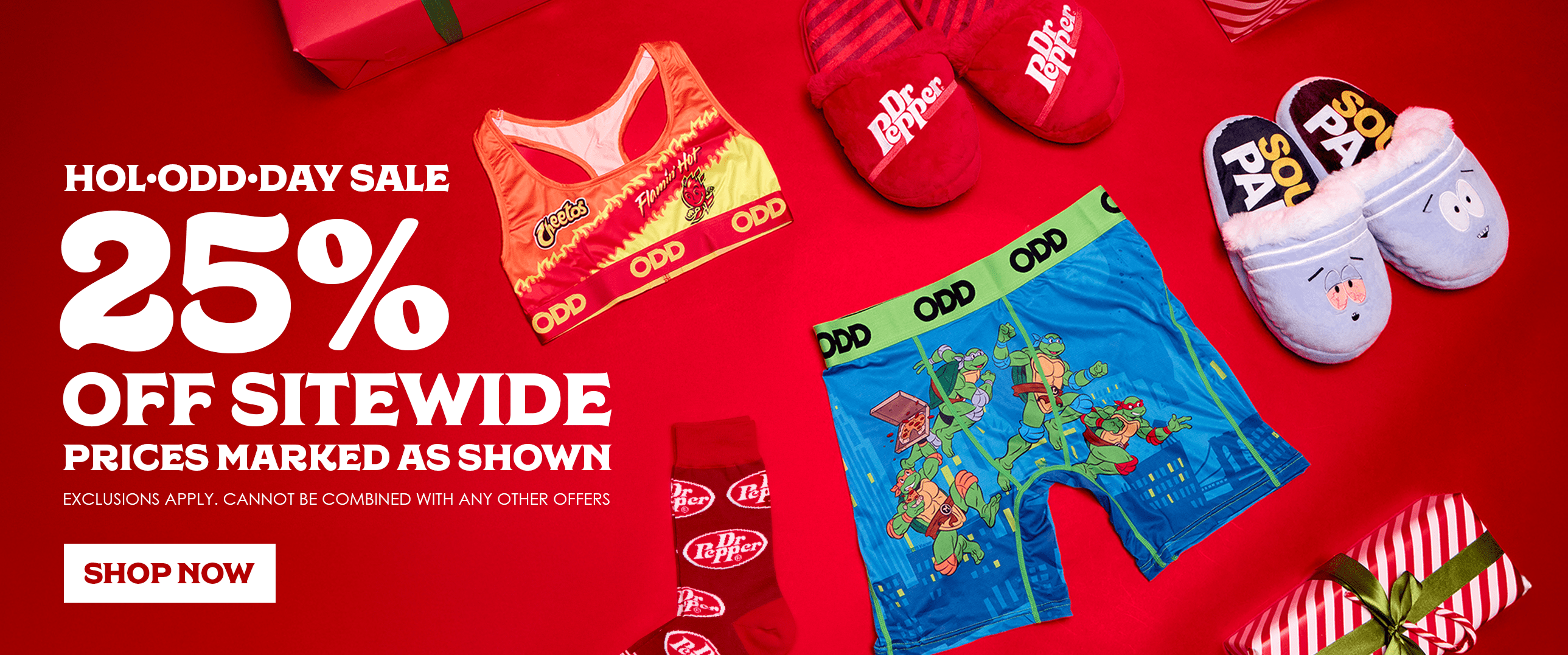 Children's underwear and slippers on a red background with promotional text for a sale.