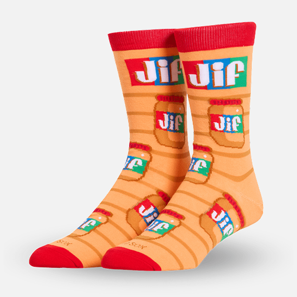 Socks with Jif peanut butter jar design on a light gray background