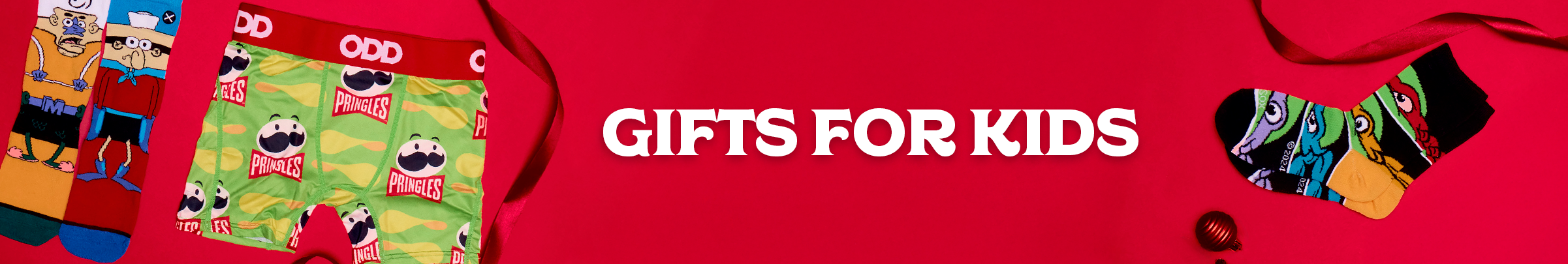 Banner featuring Odd Sox gifts for kids, including bold novelty socks and boxers. Showcases fun licensed designs and playful patterns perfect for holiday gifting.