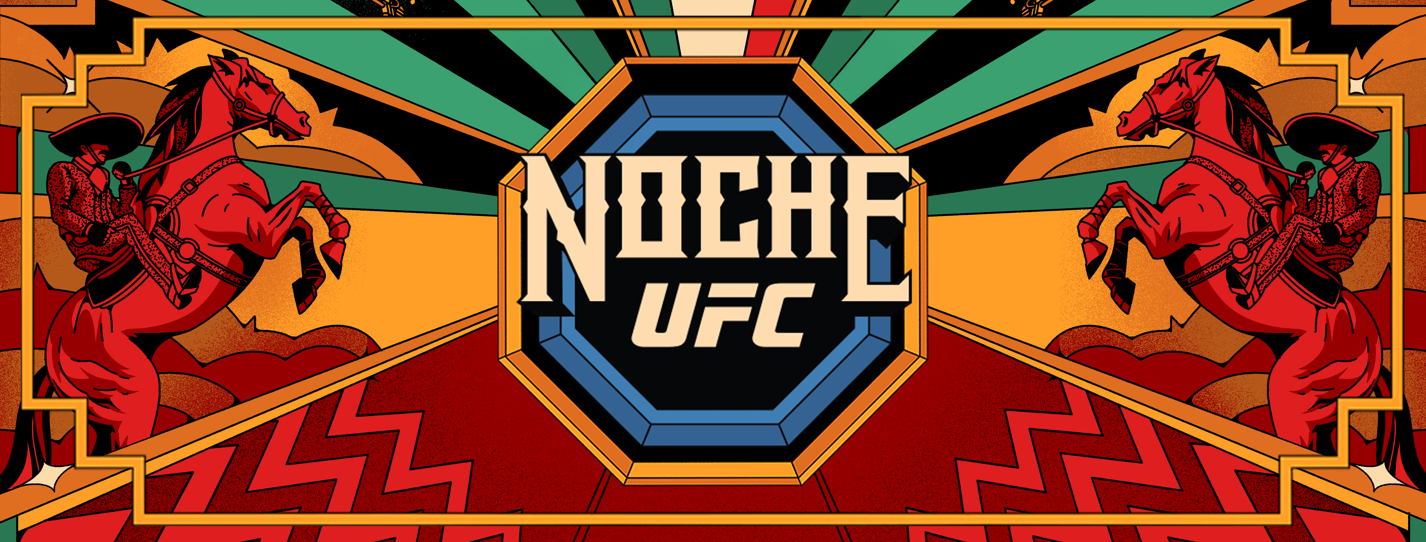 NOCHE UFC logo with red horses and geometric patterns