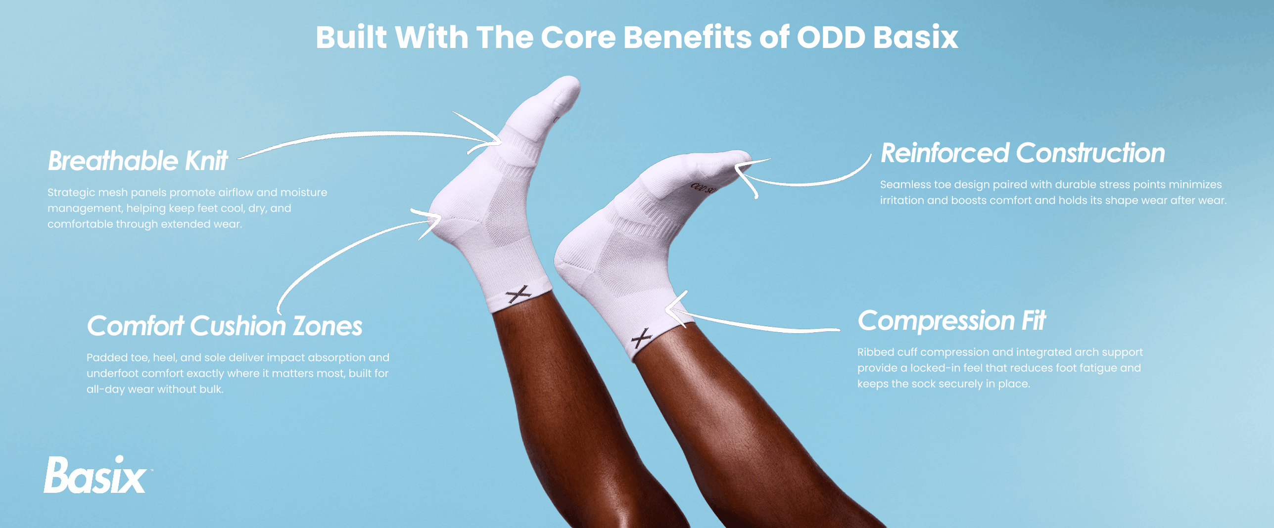 White socks with text highlighting ODD Basix features on a blue background