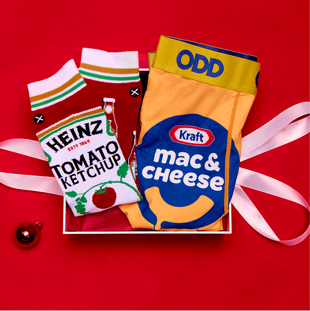 Two pairs of underwear designed to look like Heinz ketchup and Kraft mac & cheese boxes on a red background.
