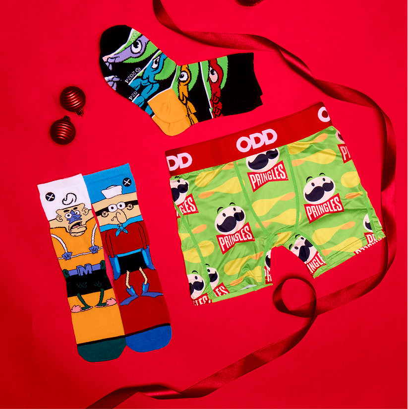 Colorful socks and underwear with Pringles branding on a red background