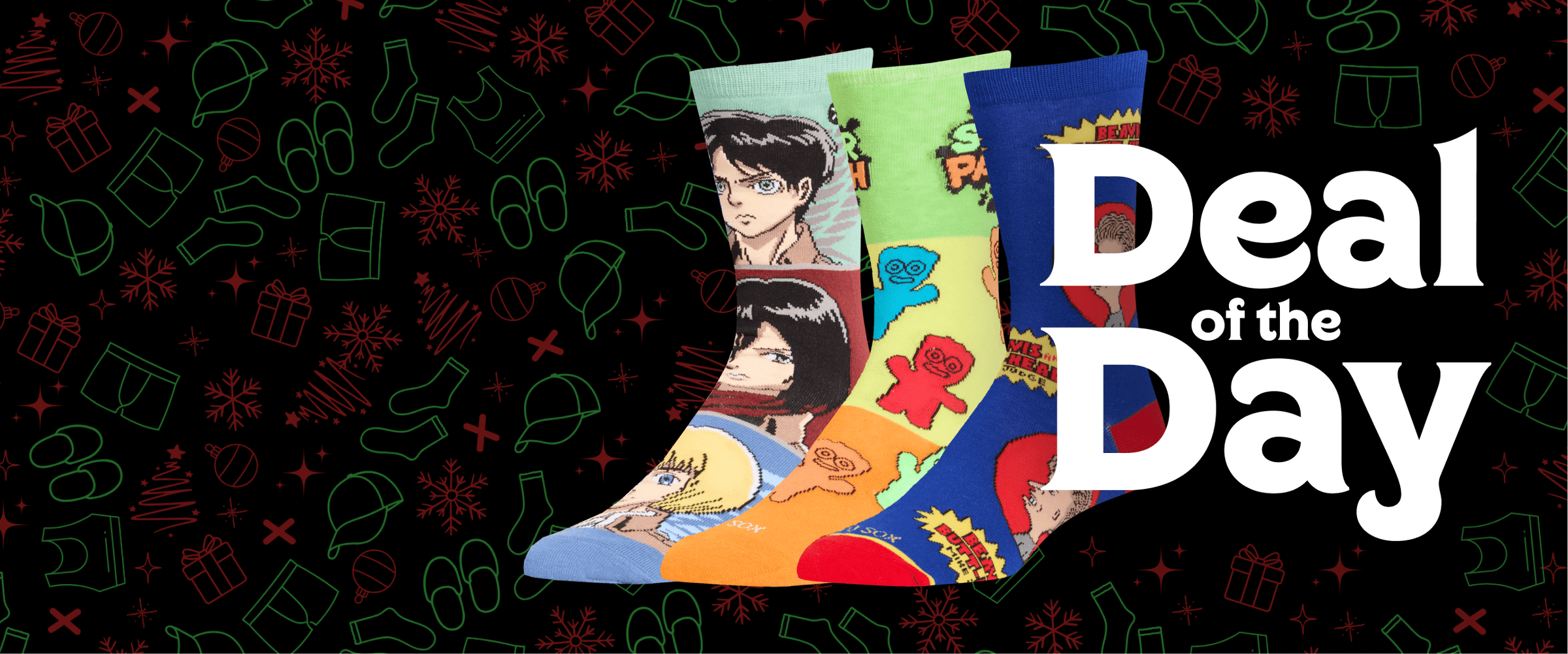 Colorful socks with anime character design on a black background with 'Deal of the Day' text.