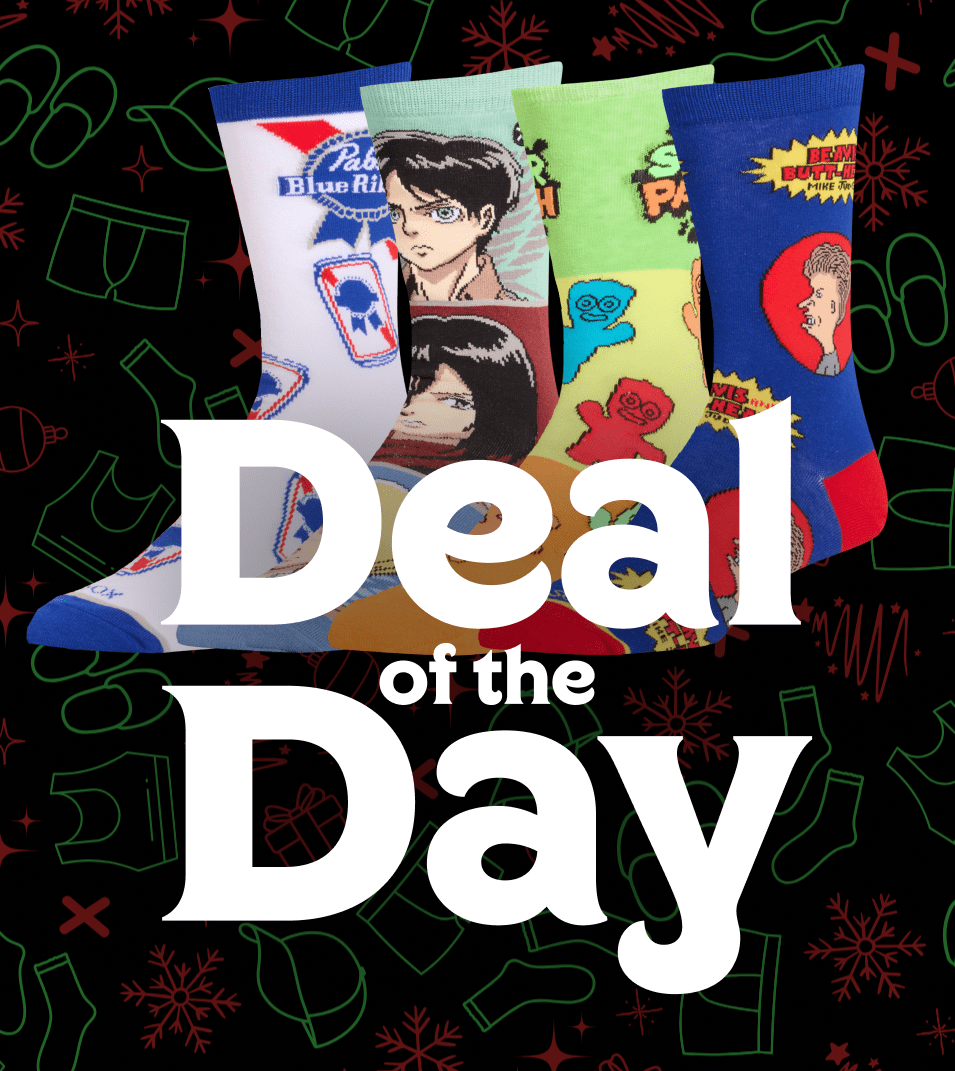 Colorful socks with graphic designs on a black background with 'Deal of the Day' text.