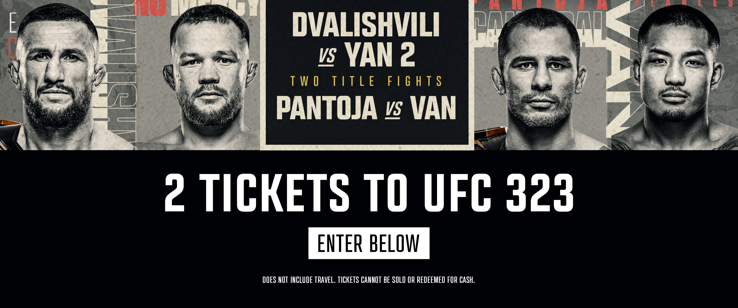 Promotional graphic for UFC 323 featuring four fighters with a call to action for tickets.