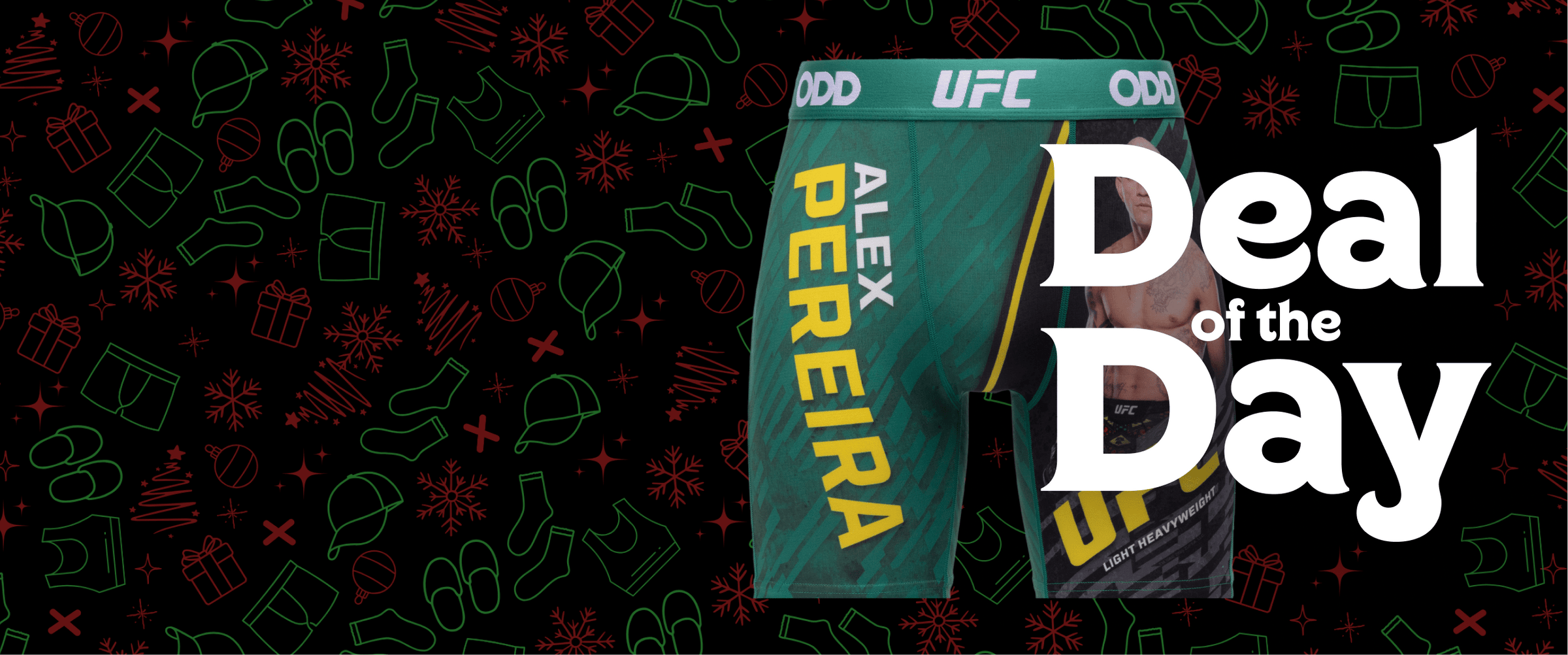 UFC branded shorts with 'Alex Pereira' on a colorful background with text 'Deal of the Day'.