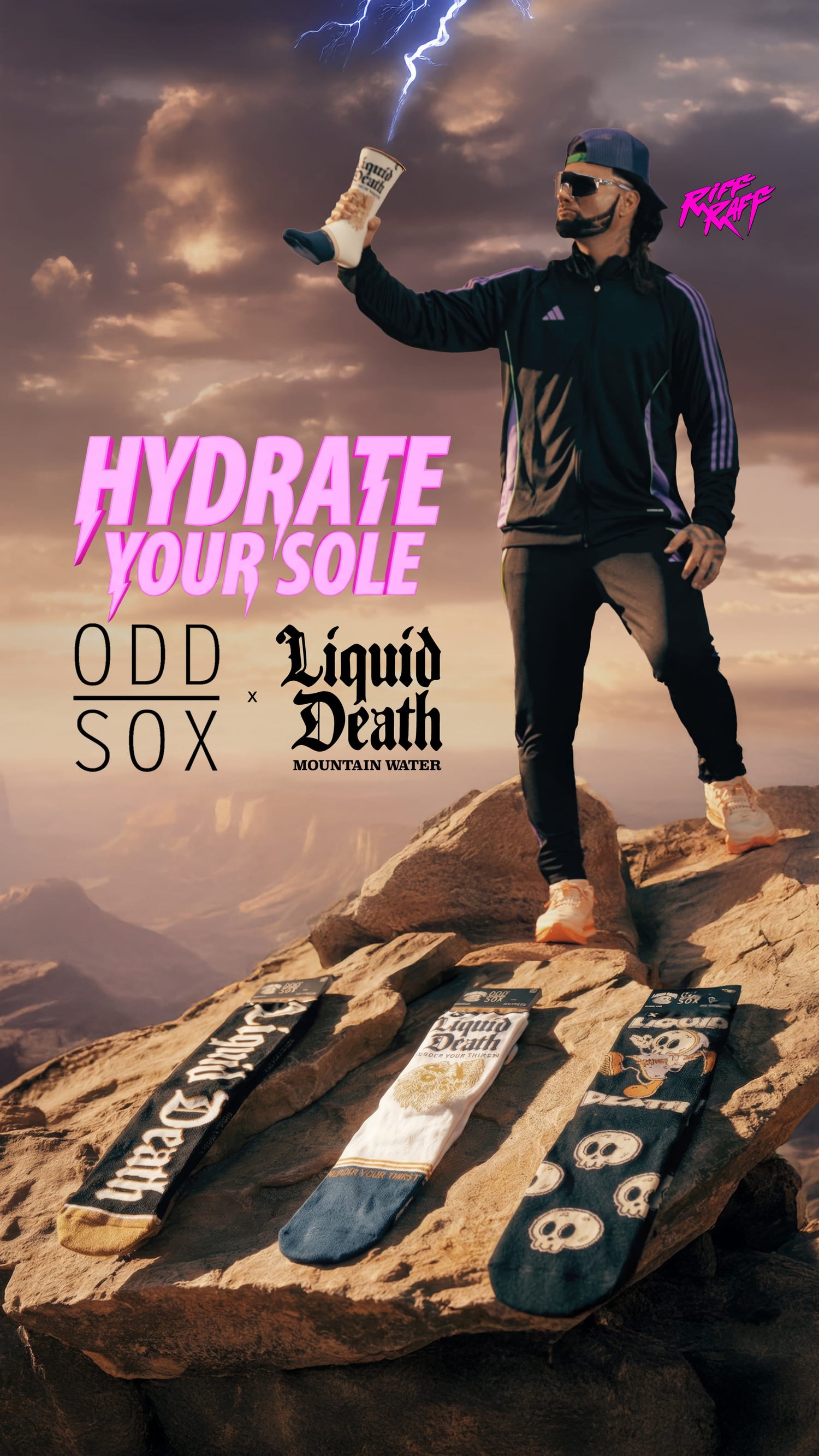 Person on a mountain top with 'Hydrate Your Sole' text and Odd Sox branding.