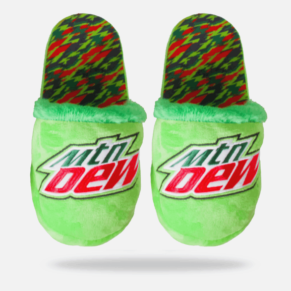 Green slippers with Mountain Dew logo on a white background