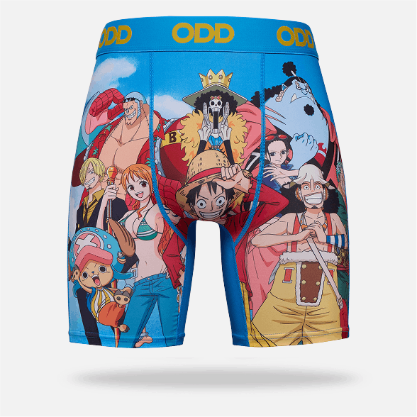 Colorful boxer briefs with animated character design on a white background