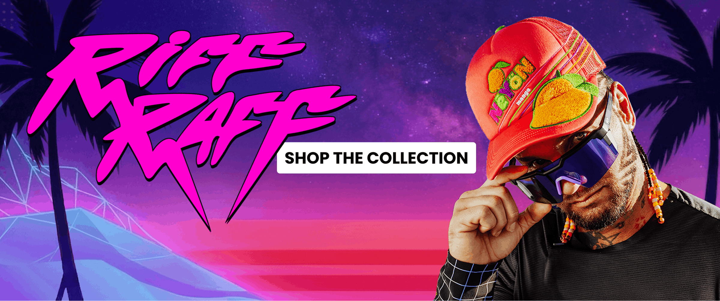 Person wearing a colorful mask with 'Riff Raff' branding and palm trees in the background.