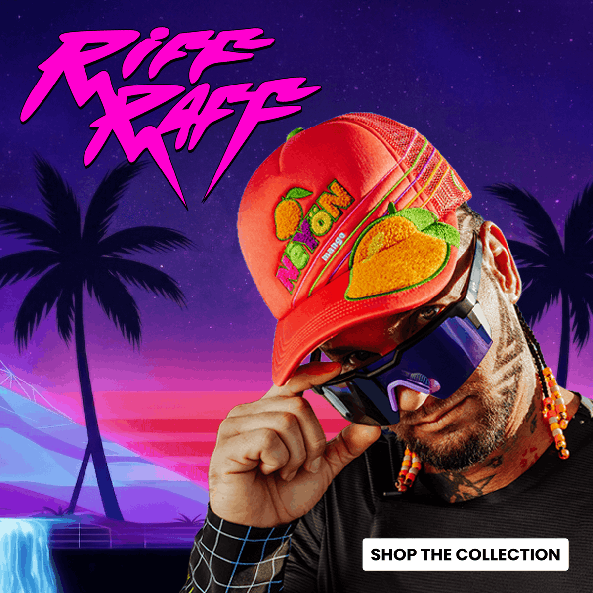 Person wearing a red cap with colorful designs against a vibrant sunset with palm trees and 'Riff Raff' text.