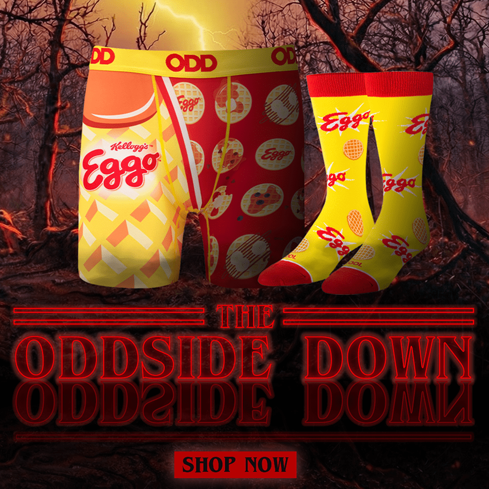 Eggo-themed underwear and socks with a dark, eerie background and 'The Oddside Down' branding.