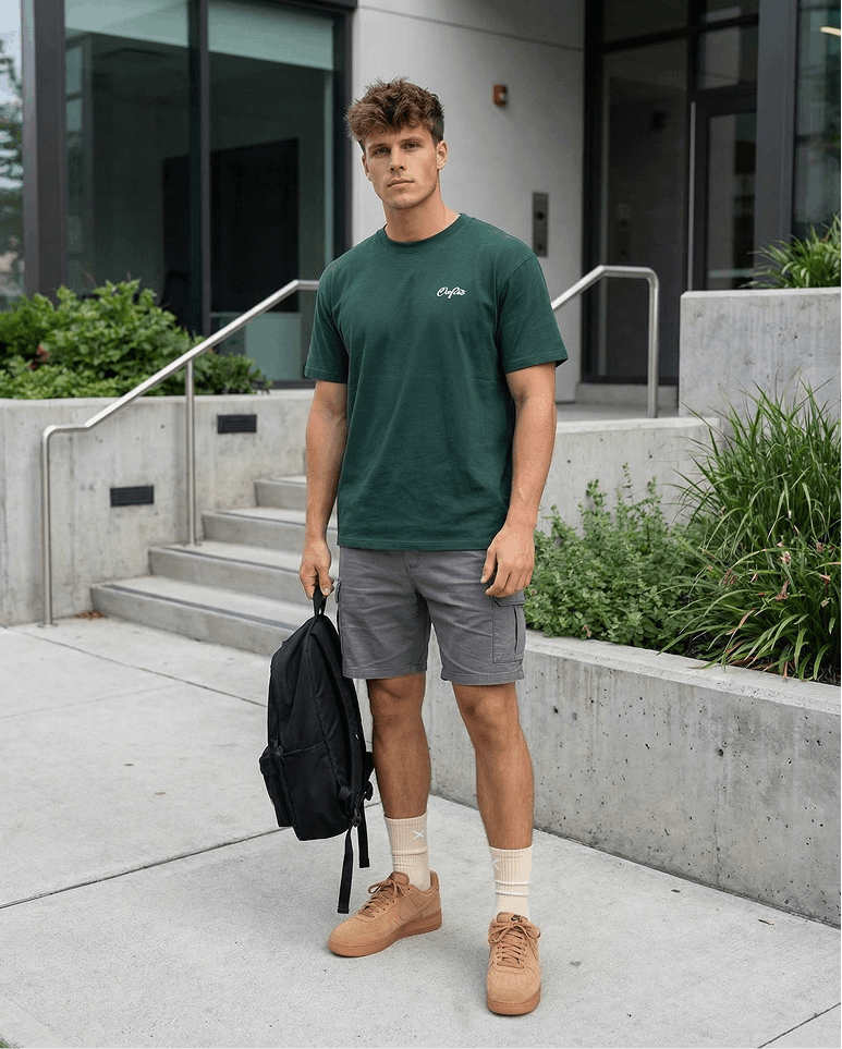 Man wearing a green t-shirt and gray shorts, holding a black backpack, standing outdoors.