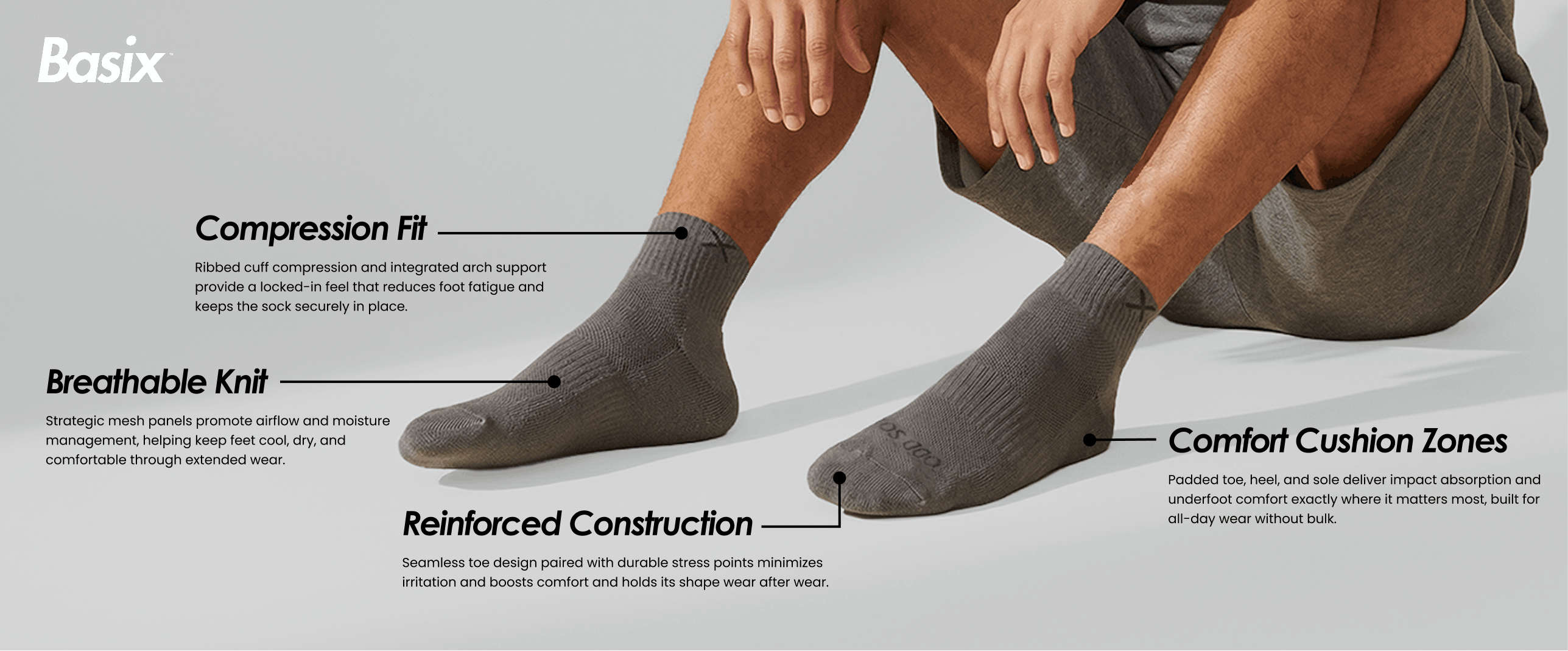 Gray socks with text highlighting features on a light gray background