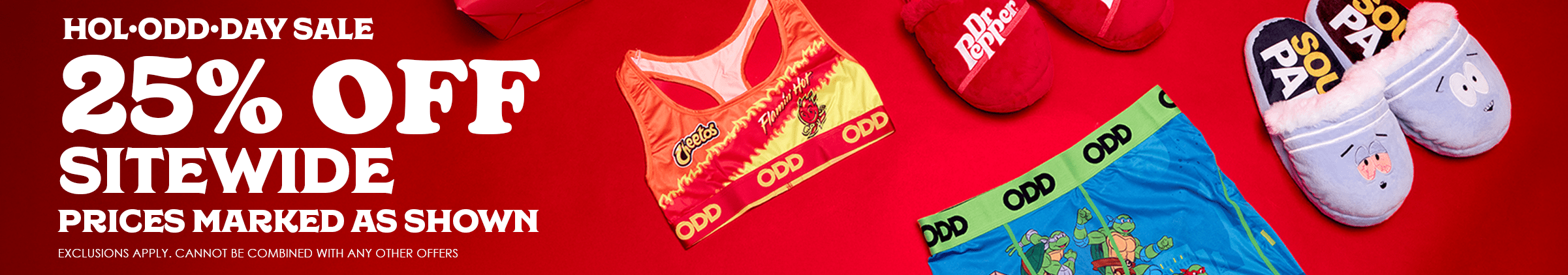 Promotional banner with cartoon-themed underwear and slippers on a red background, featuring a sale discount offer.