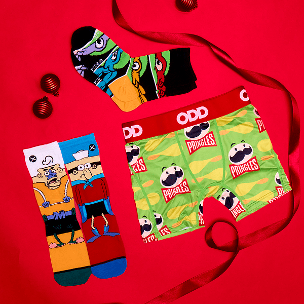 Pringles-themed socks and underwear set on a red background