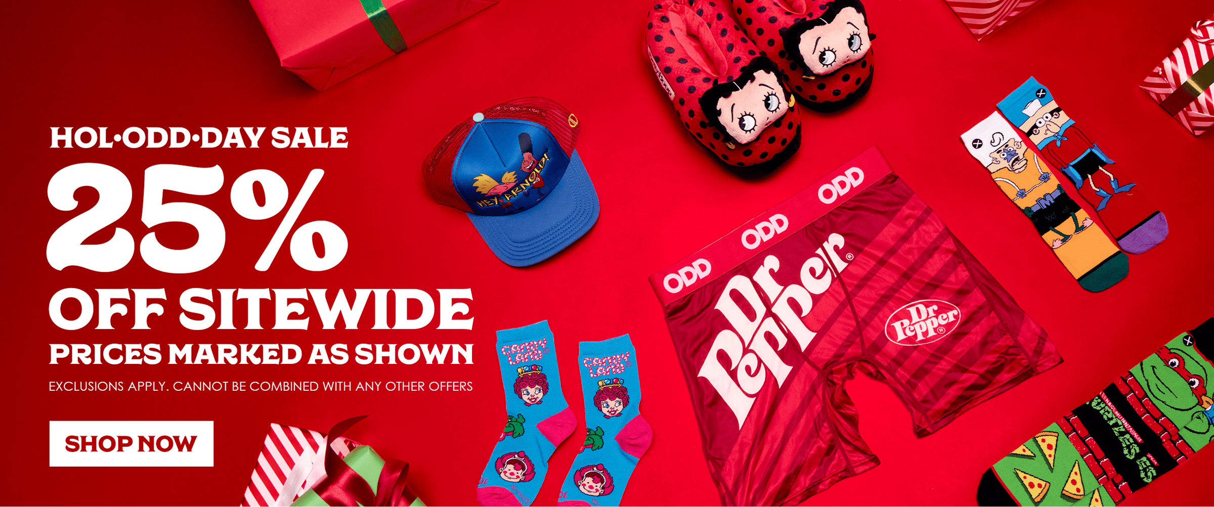 Dr Pepper-themed merchandise on a red background with promotional text.