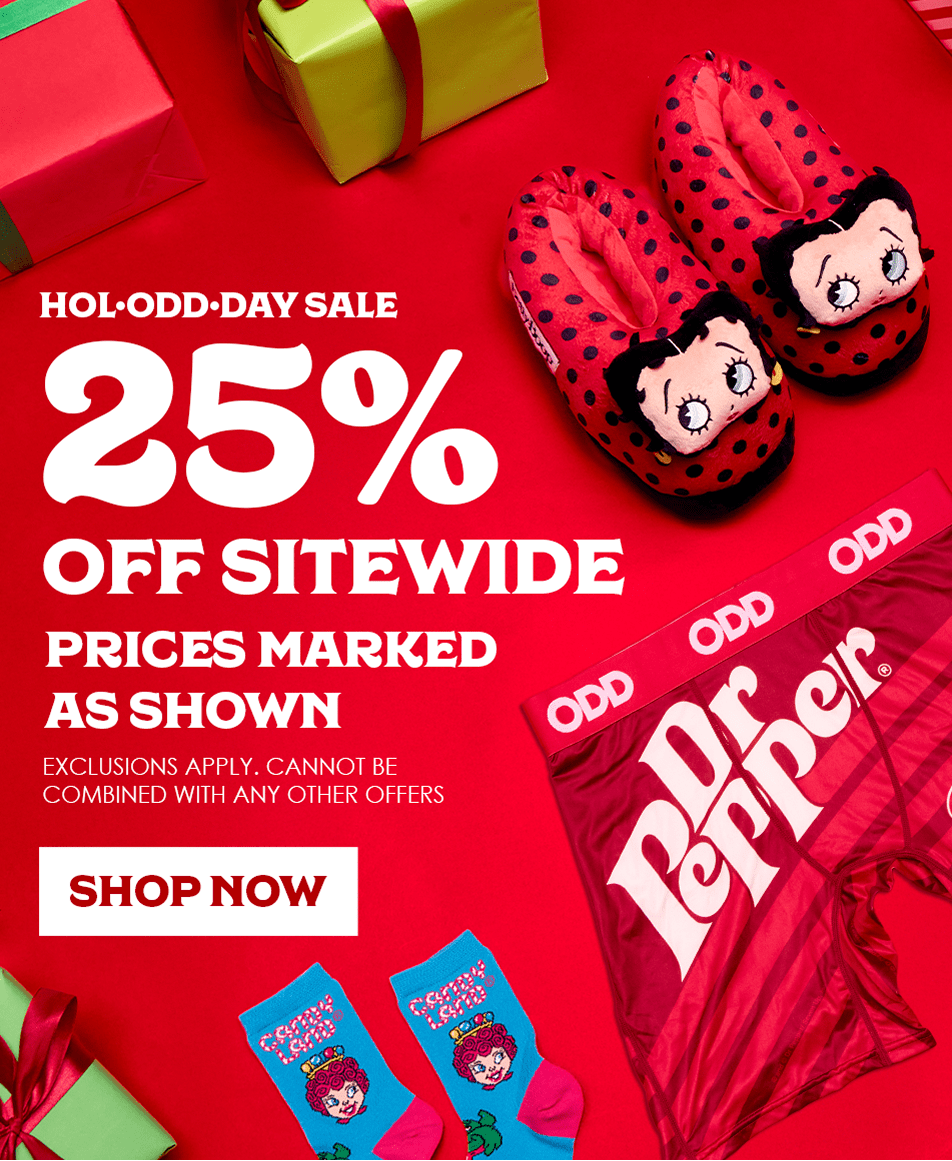 Promotional image with slippers, socks, and a Dr Pepper bag on a red background with sale text.
