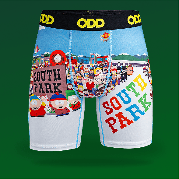 South Park-themed underwear with colorful graphics on a green background