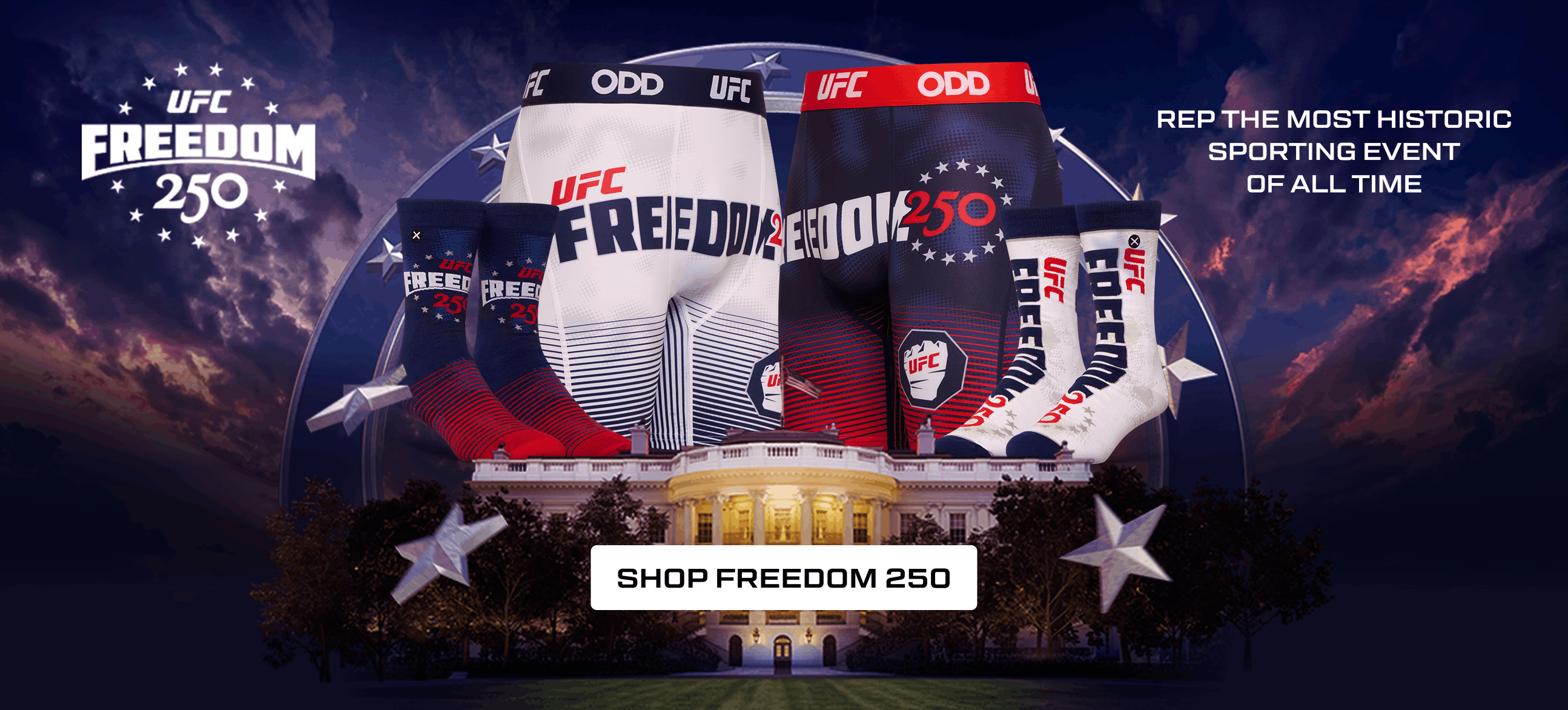 Promotional graphic for UFC Freedom 250 with socks and a building in the background
