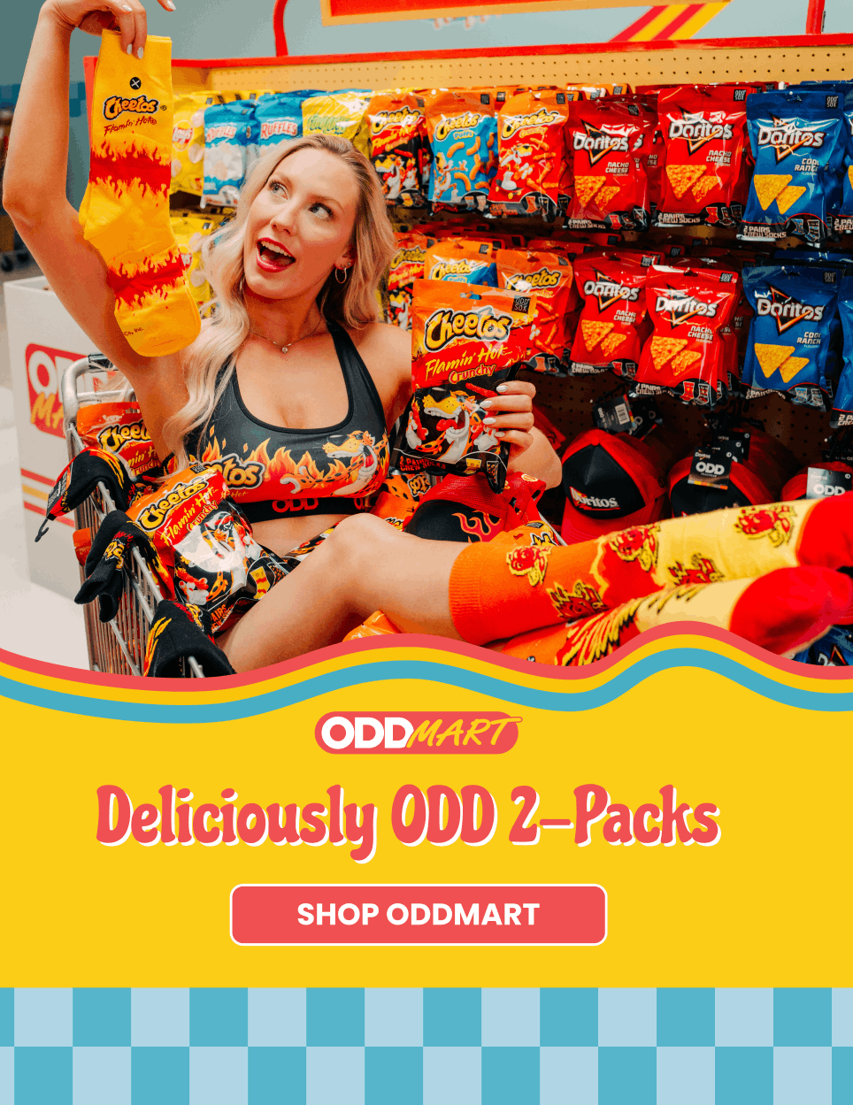 Person in a store with Doritos products, promoting Odd Mart's 2-Pack offer.