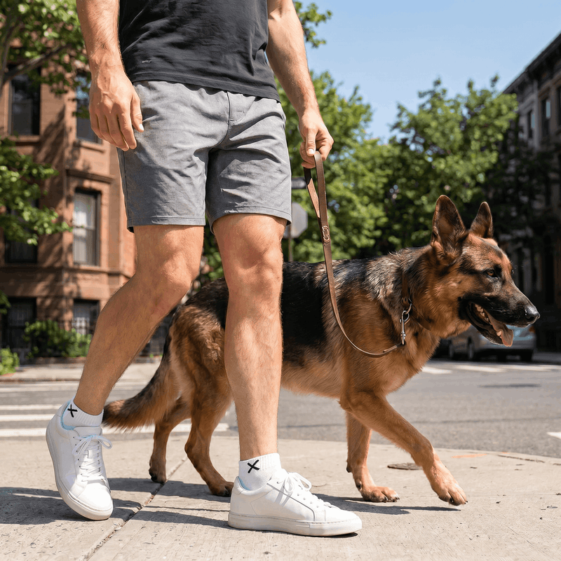 Person walking a German Shepherd dog on a leash in an urban setting