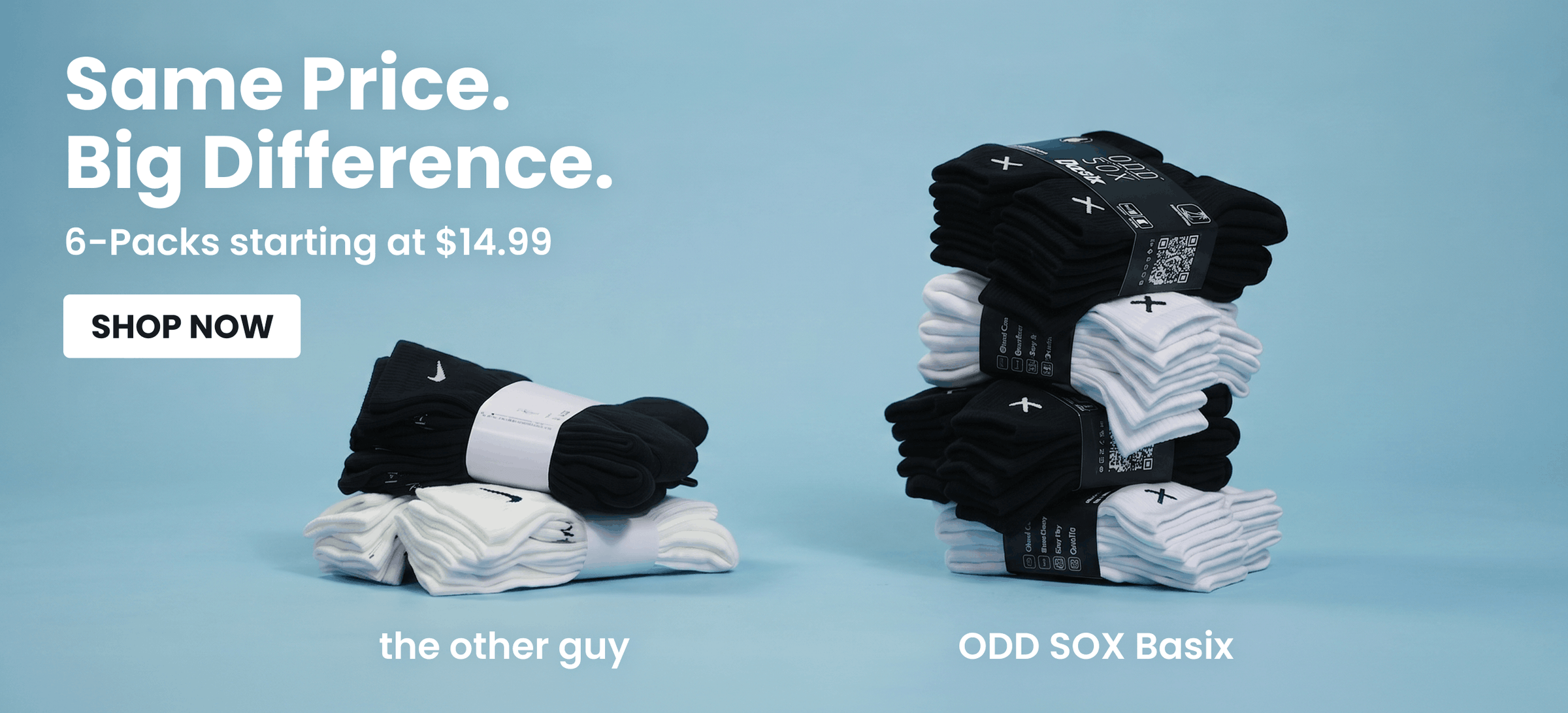 Stacks of black and white socks with promotional text on a blue background