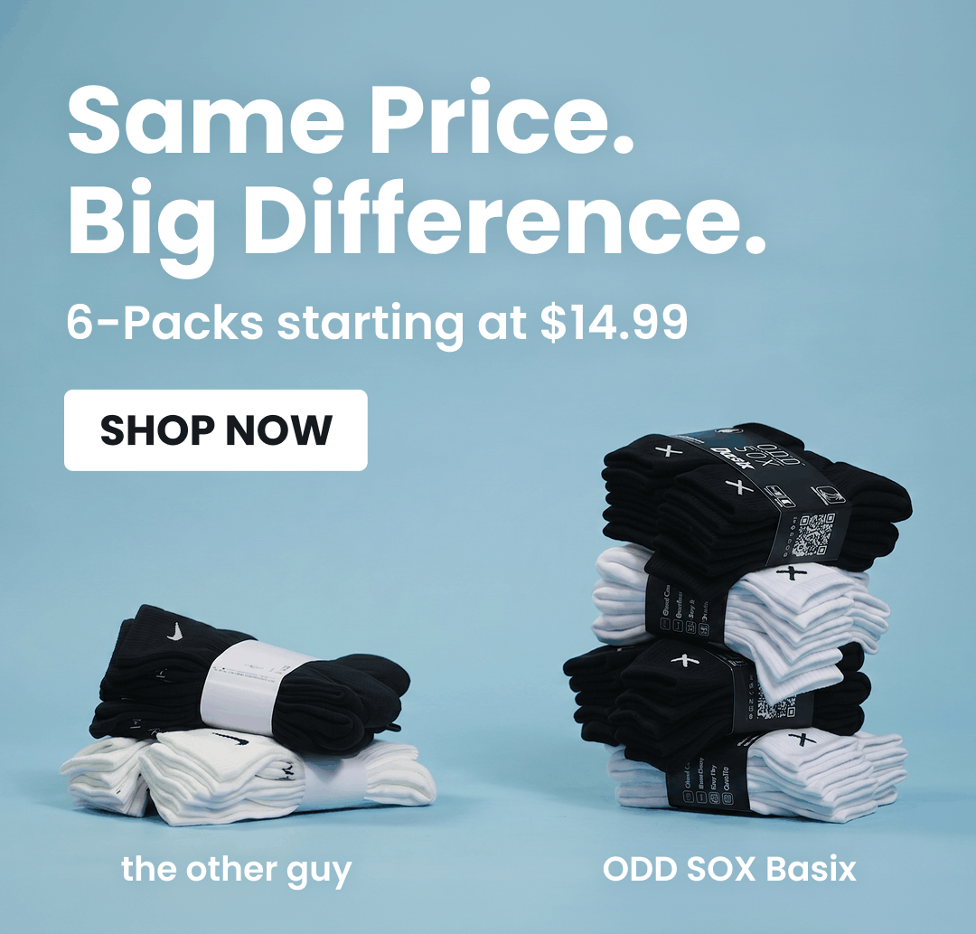 Advertisement for ODD SOX Basix socks with text about price and quantity offer on a blue background.