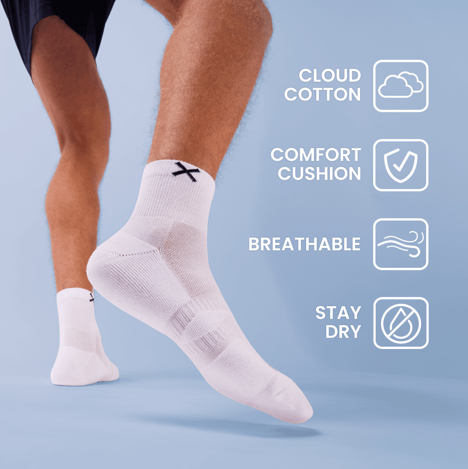 Person wearing white socks with text highlighting cloud cotton, comfort cushion, breathable, and stay dry features on a light blue background.