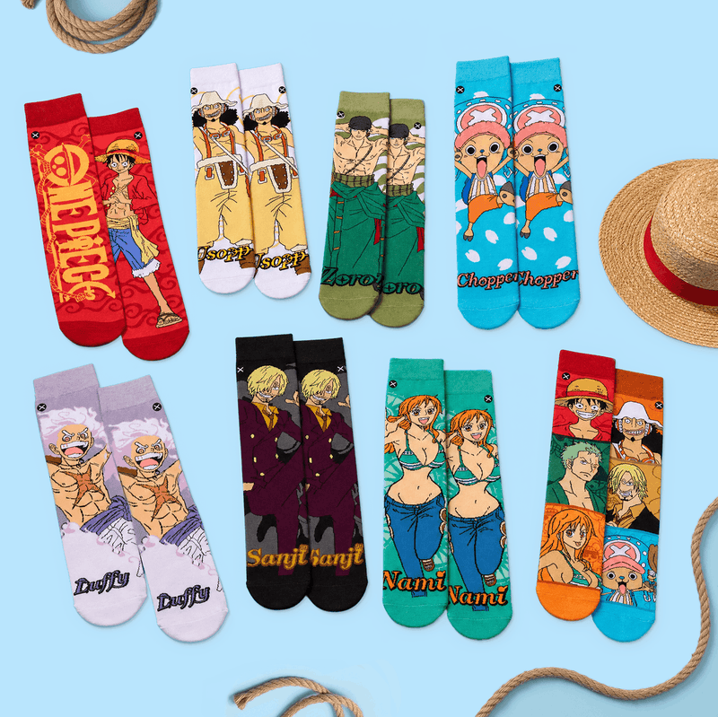 Collection of colorful socks with character designs on a blue background