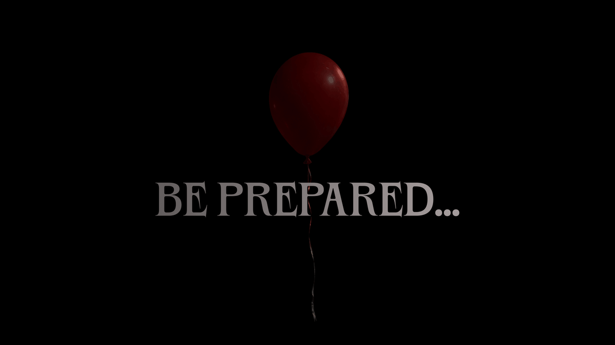 A dark promotional graphic with a single red balloon floating above the words 'BE PREPARED.