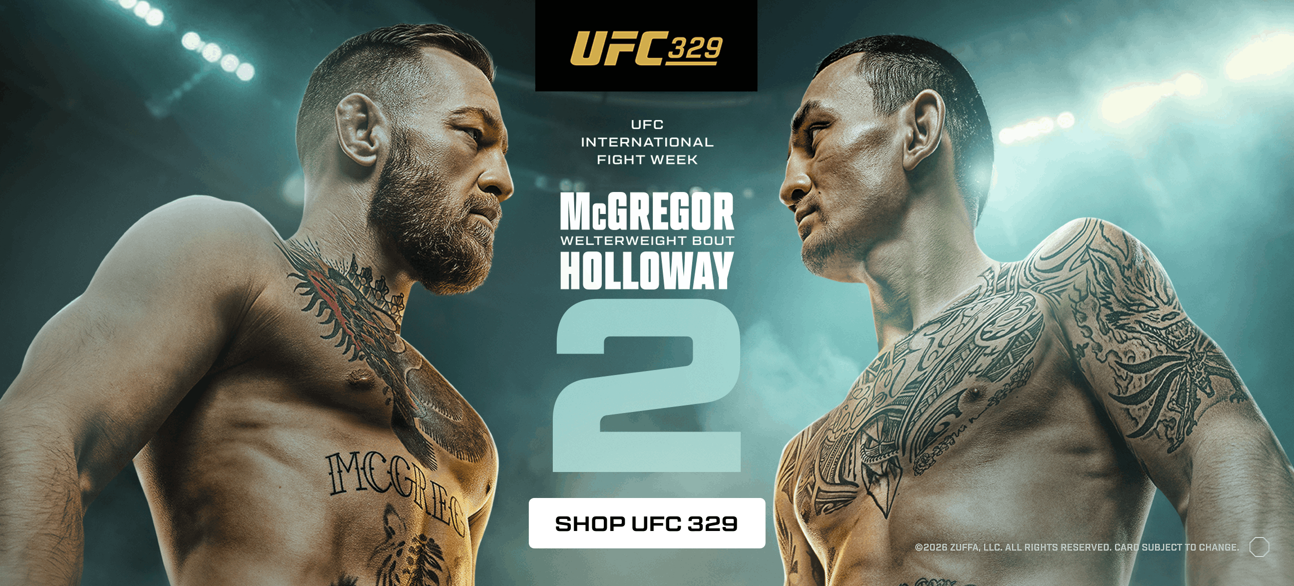 Promotional image for UFC 329 featuring two fighters facing each other with event details.
