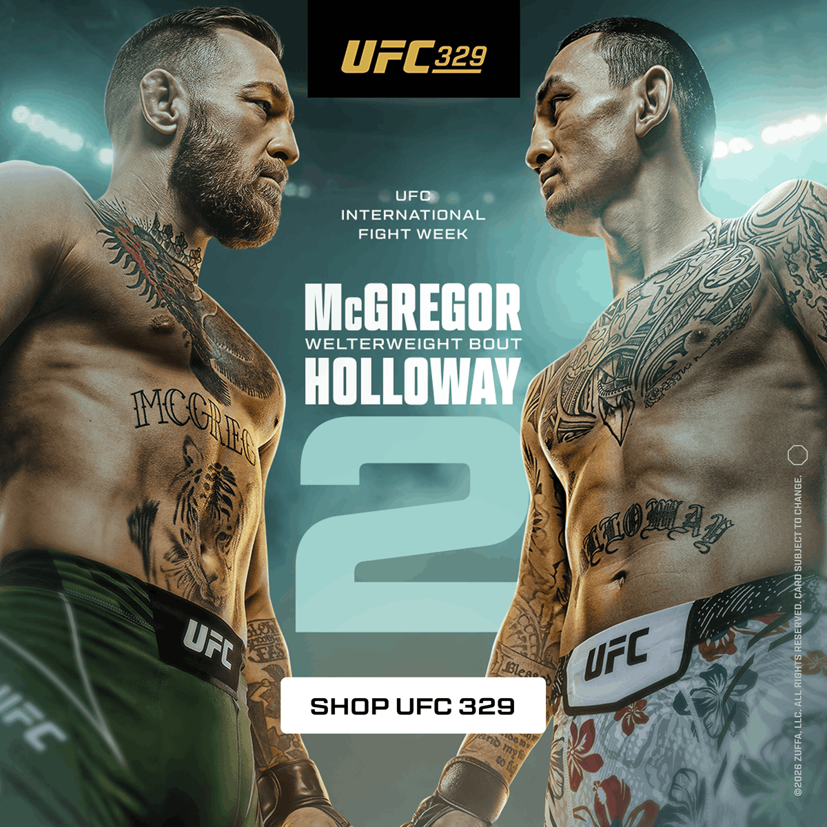 Two UFC fighters facing each other with 'UFC 329' branding.