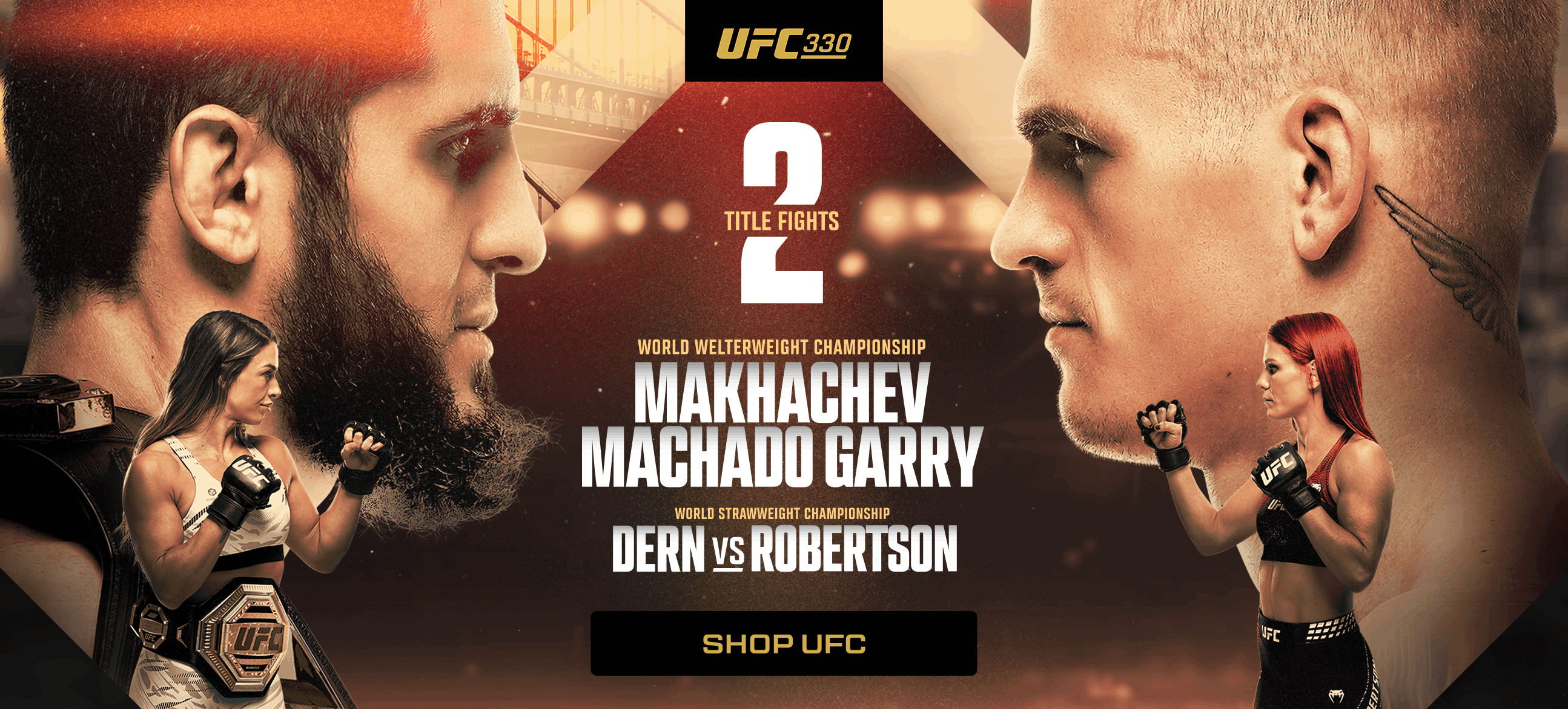 Promotional fight poster for UFC 330 featuring Makhachev vs. Machado Garry and Dern vs. Robertson.