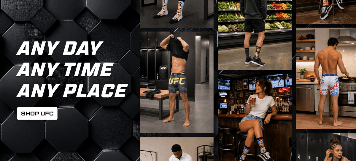 A promotional collage for UFC apparel with the text 'ANY DAY ANY TIME ANY PLACE' and a 'SHOP UFC' button on the left, plus multiple photos of people wearing UFC shorts, socks, and shoes in home, gym, and bar settings.