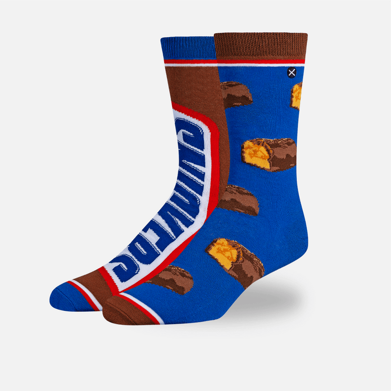 Blue and brown sock with Snickers bar design on a light gray background