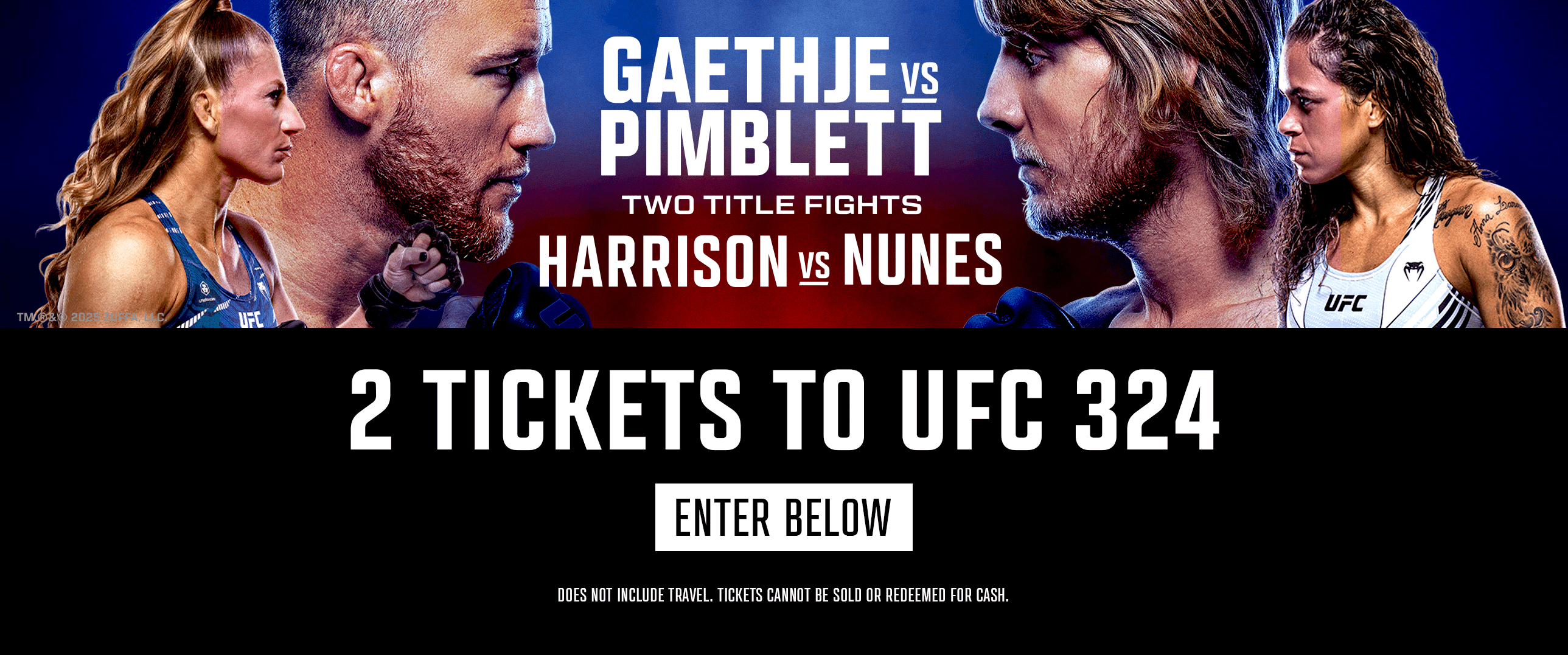 Promotional banner for UFC 324 featuring four fighters with text about title fights and tickets.