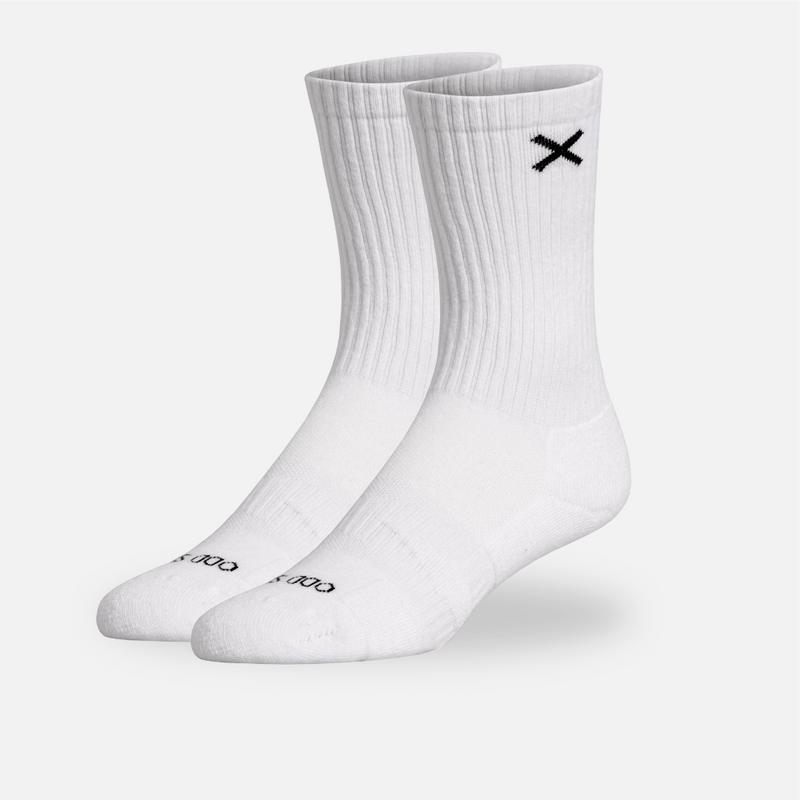 Two white socks with a black logo on a light gray background
